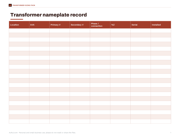 Preview of Transformer Nameplate Record Sheet