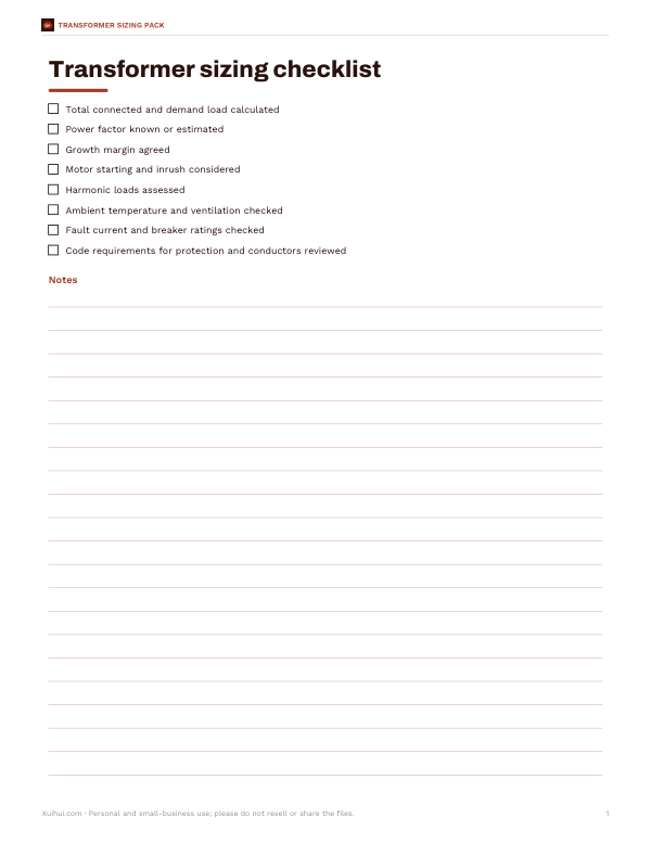 Preview of Printable Transformer Sizing Checklist